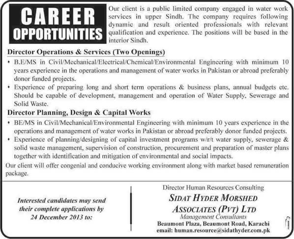 Engineering Jobs in Sindh 2013 December as Directors Operations & Services / Planning, Design & Capital Works