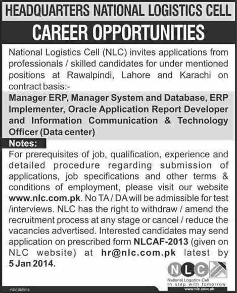 National Logistics Cell (NLC) Jobs 2013 December Latest Advertisement