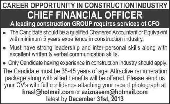 Chief Financial Officer Jobs in Pakistan 2013 December in Construction Industry