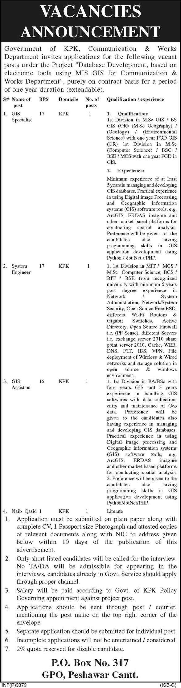 C & W Department KPK Jobs 2013 December Peshawar GIS Specialist / Assistant & System Engineer