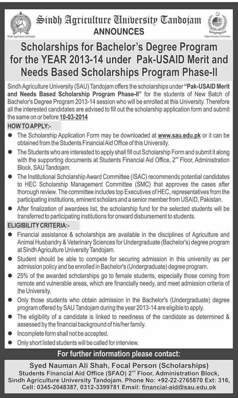 Pak-USAID Scholarships for Bachelor’s Degree in Sindh Agriculture University Tandojam 2014