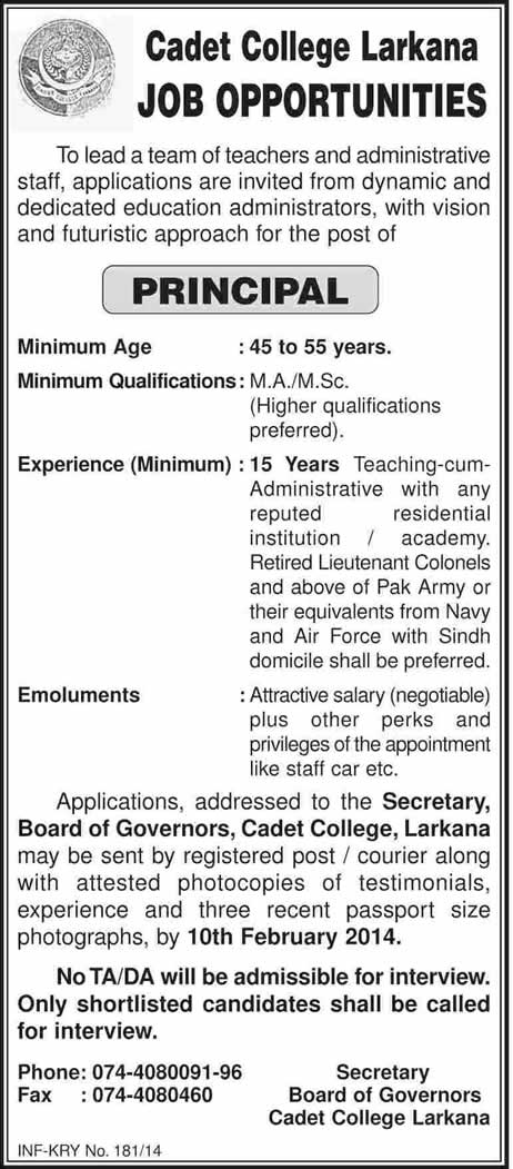 Cadet College Larkana Jobs 2014 for Principal