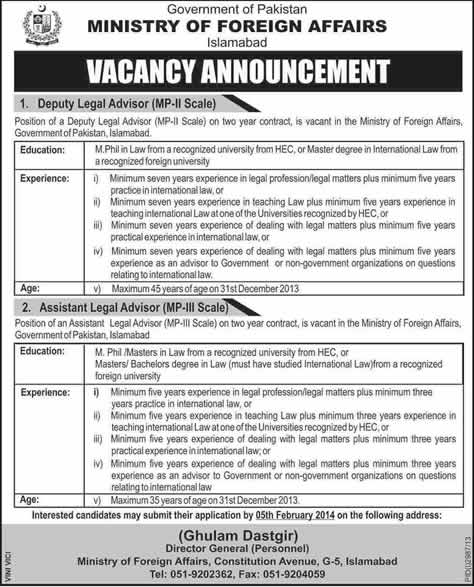Ministry of Foreign Affairs Pakistan Jobs 2014 for Legal Advisors