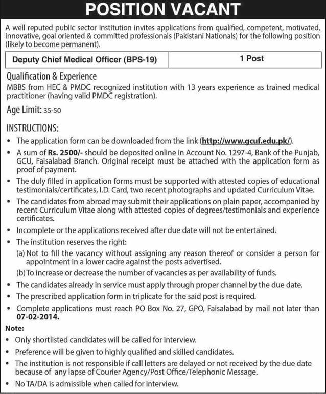 Chief Medical Officer Job in Government College University Faisalabad 2014