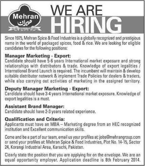 Mehran Spice & Food Industries Jobs in Karachi 2014 for Marketing & Brand Managers