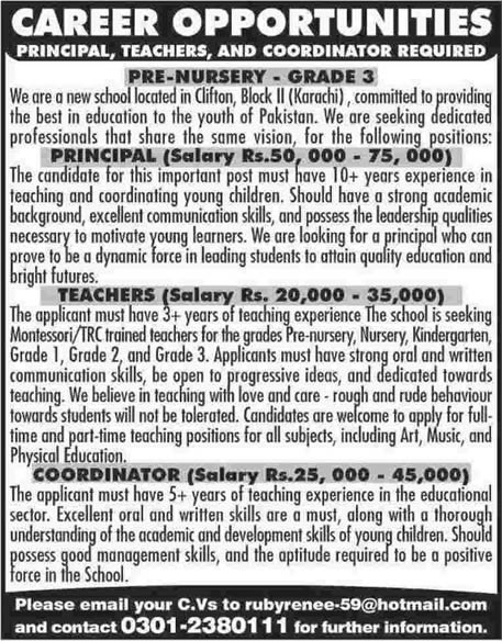 Principal, Teachers & Coordinator Jobs in Karachi 2014