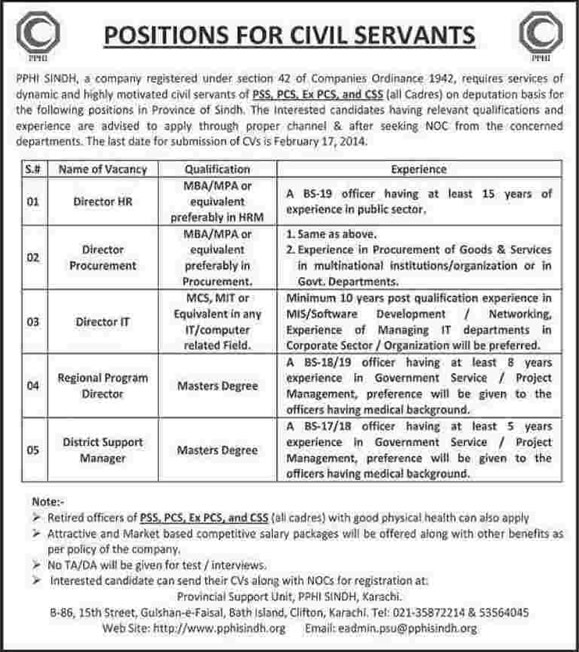 PPHI Sindh Jobs 2014 for Civil Servants