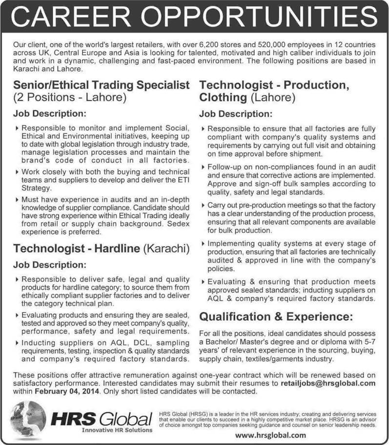 HRS Global Pakistan Jobs 2014 for Ethical Trading Specialist, Technologist - Hardline/ Production Clothing
