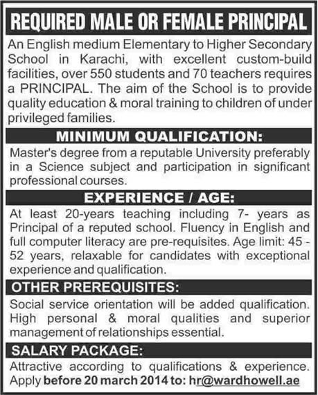 Principal Jobs in Karachi 2014 for Ward Howell International School