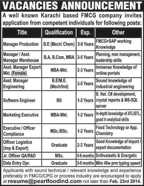 Pearl Confectionery Pvt. Ltd Karachi Jobs 2014 February Latest