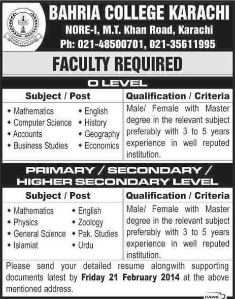 Bahria College Karachi Jobs 2014 February for Teaching Faculty