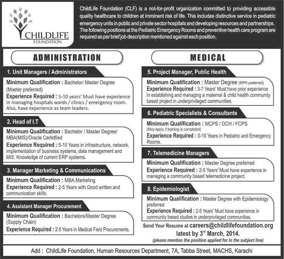 Child Life Foundation Karachi Jobs 2014 February for Medical & Administrative Staff