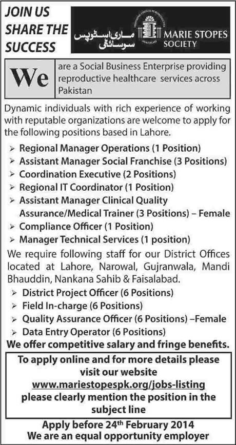 Marie Stopes Society Jobs Pakistan 2014 February