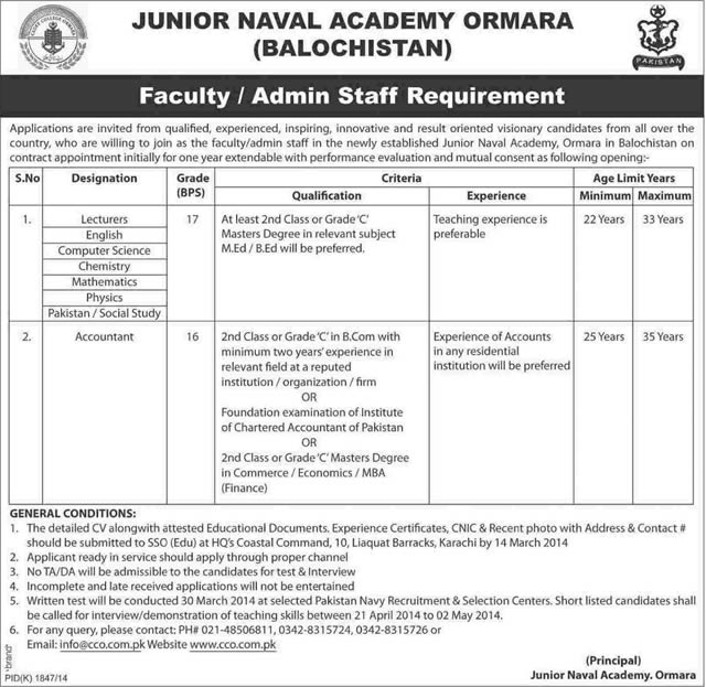 Accountant & Lecturers Jobs in Junior Naval Academy Ormara 2014 February