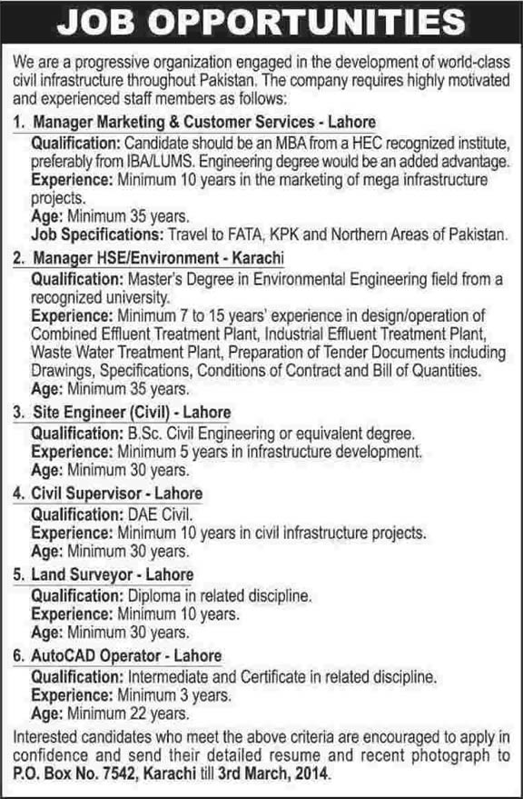 Managers, Civil Engineers, Land Surveyor & AutoCAD Operator Jobs in Pakistan 2014 February at PO Box No. 7542
