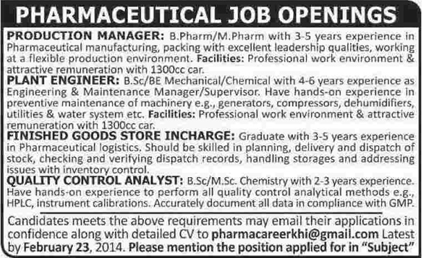 Pharmaceutical Company Jobs in Karachi 2014 February for Production Manager, Engineer, Store In-Charge, QC Analyst