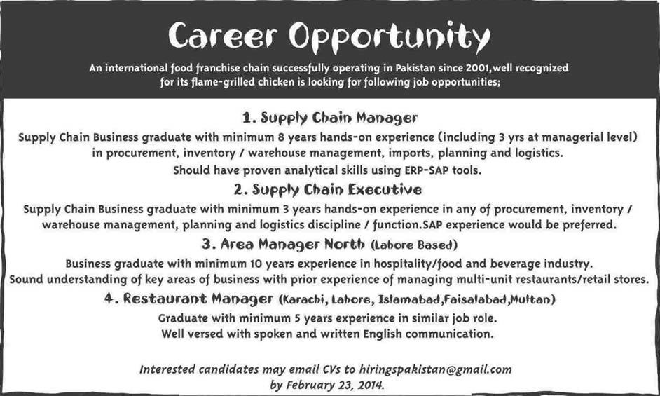 Restaurant / Fast Food Chain Jobs in Pakistan 2014 February for Supply Chain Management & Managers