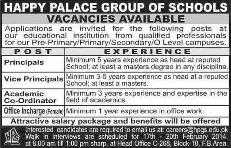 Happy Palace Group of Schools Karachi Jobs 2014 February for Principal, Vice Principal & Administrative Staff