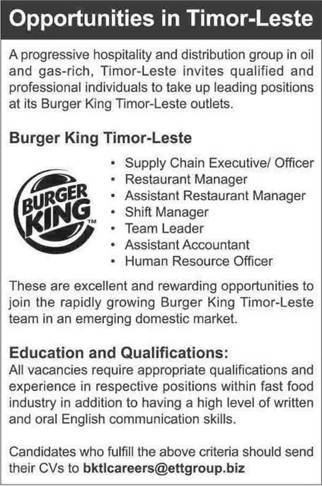 Burger King Jobs in Timor Leste 2014 February
