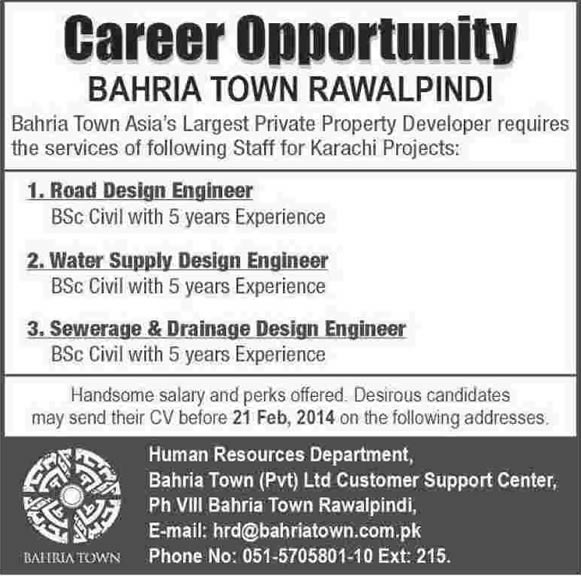 Latest Civil Engineering Jobs at Bahria Town Karachi 2014 February