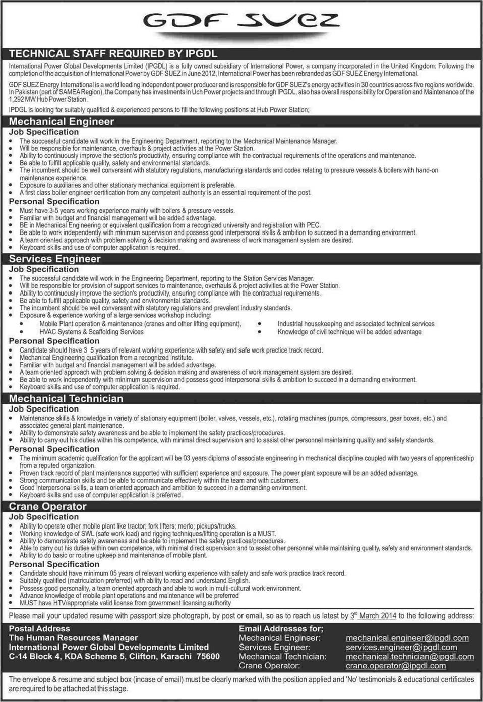 GDF SUEZ Jobs in Hub Balochistan 2014 February