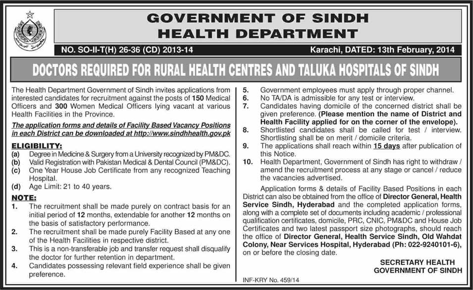 Medical Officers Jobs in Health Department Sindh 2014 February for Rural Health Centers & Taluka Hospitals