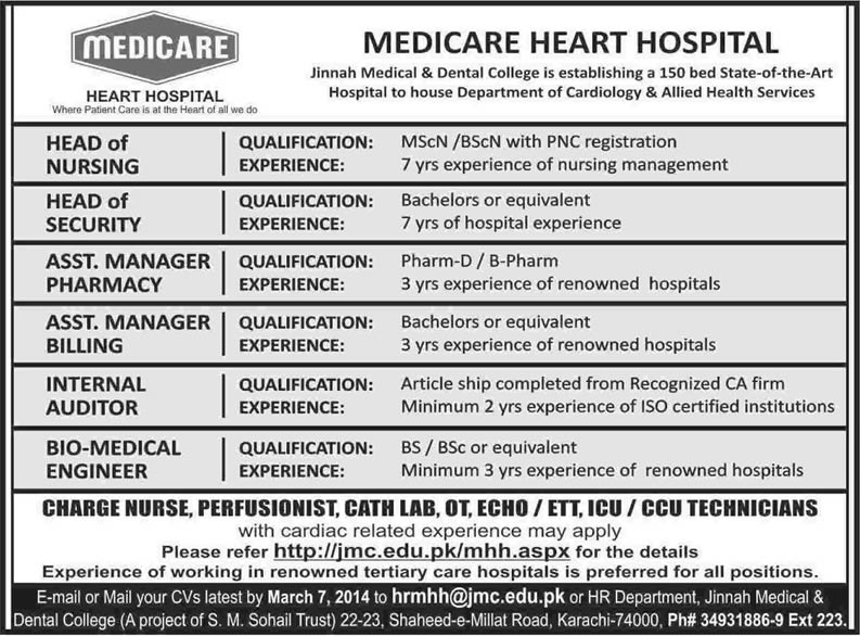 Medicare Hospital Karachi Jobs 2014 February