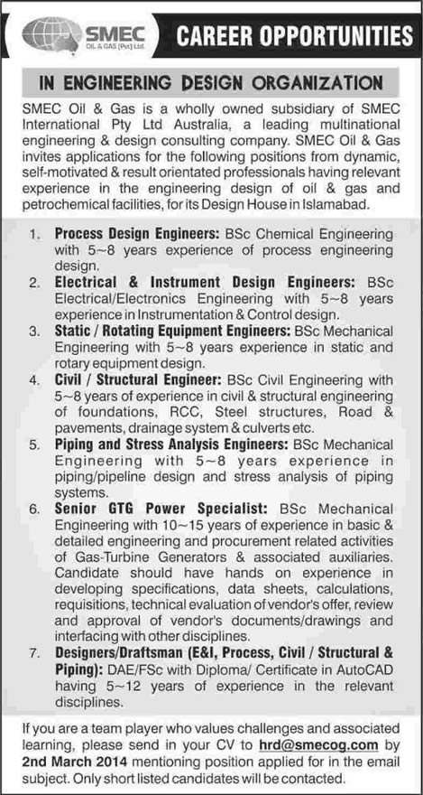 SMEC Oil and Gas Jobs in Islamabad 2014 February