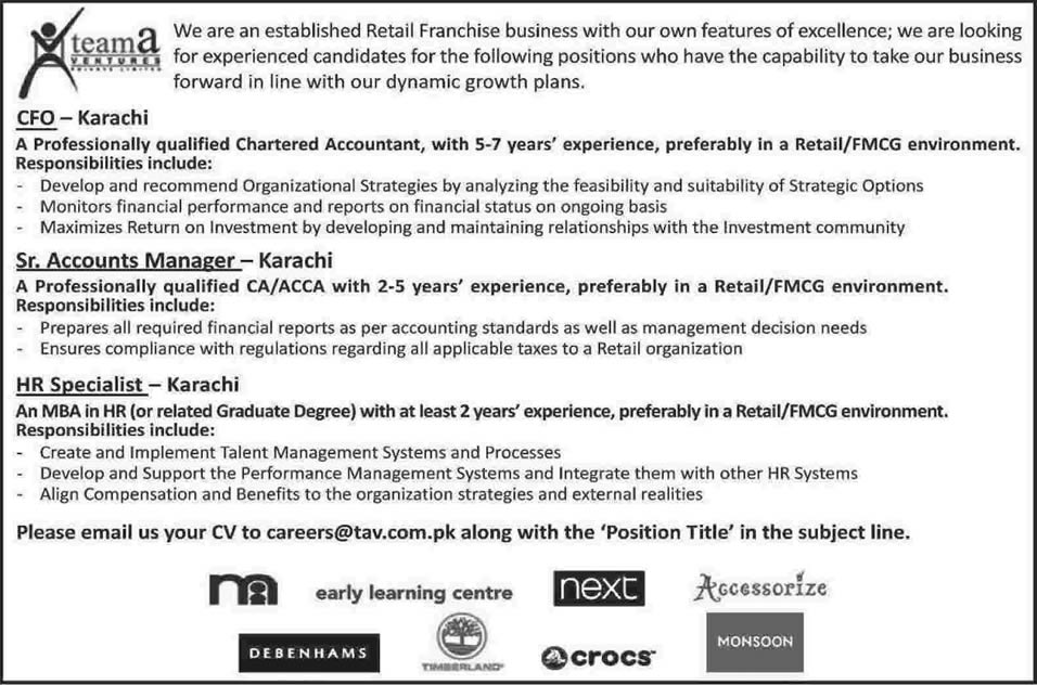 Chartered Accountants & HR Specialist Jobs in Karachi 2014 February at Team A Ventures Pvt. Ltd