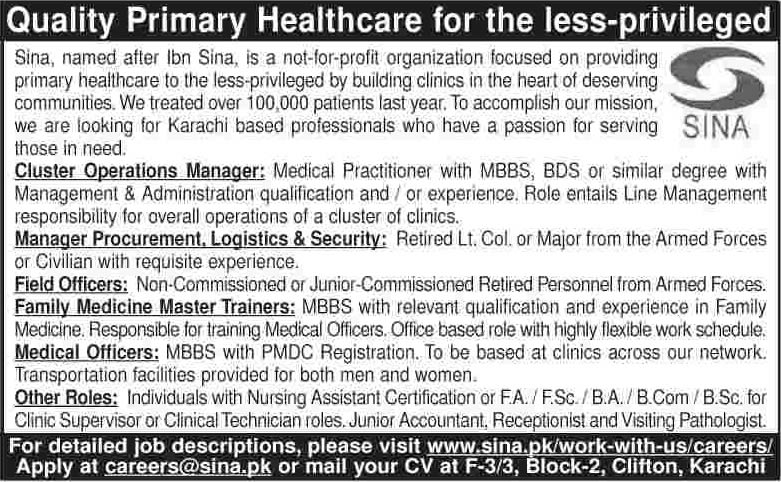 SINA Clinics Karachi Jobs 2014 February for Manager Operations, Accountant, Medical Officers & Other Staff