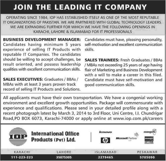 Sales Manager / Executives & Sales Trainee Jobs in Pakistan 2014 February at International Office Products Pvt. Ltd