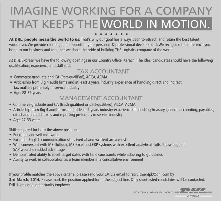 DHL Pakistan Jobs in Karachi 2014 February for Tax & Management Accountants