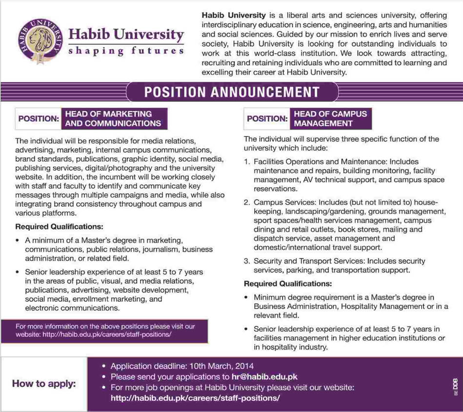 Habib University Karachi Jobs 2014 February Latest