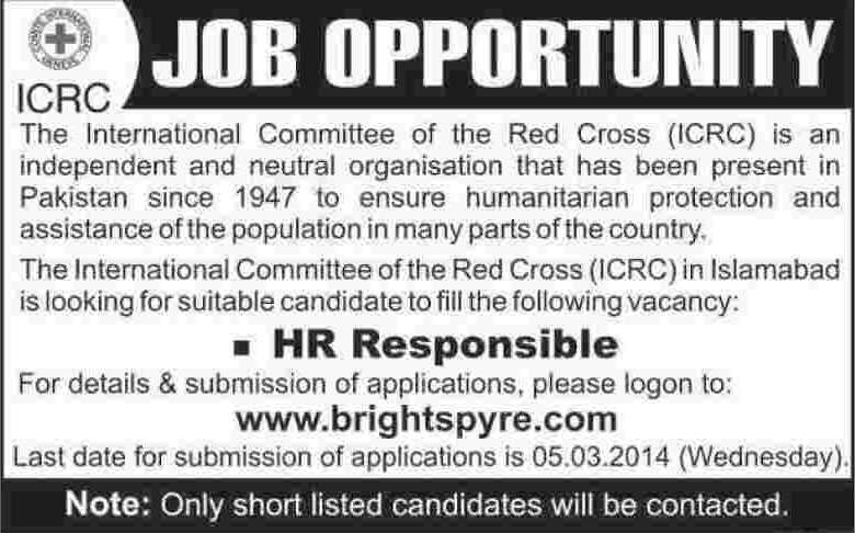 International Committee of the Red Cross (ICRC) Islamabad Jobs 2014 February / March for HR Responsible