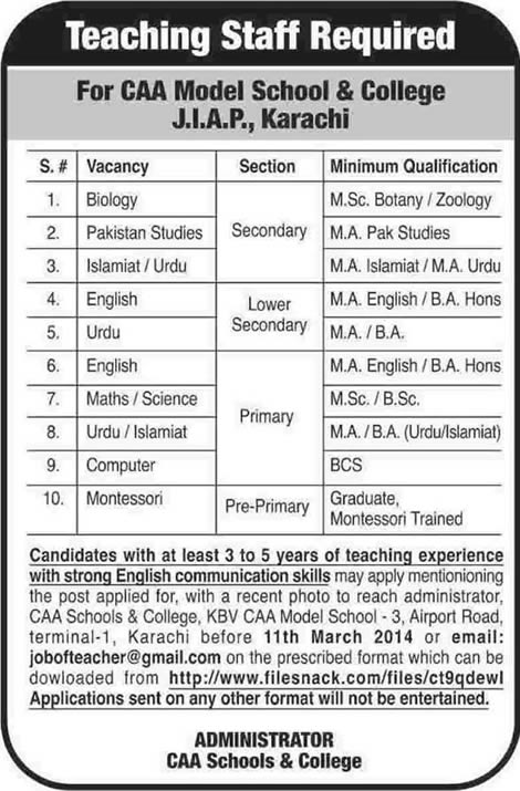 Latest Teaching Jobs in Karachi 2014 March at CAA Model School & College