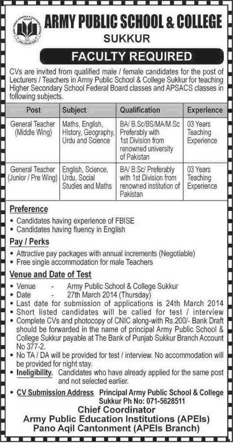 Army Public School Sukkur Jobs 2014 March for Middle & Junior School Teachers