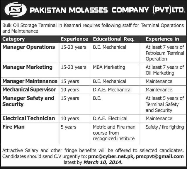 Pakistan Molasses Company Jobs 2014 March for Managers, Mechanical / Electrical Engineers & Fireman