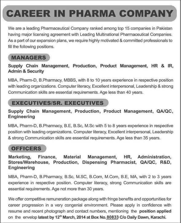 Pharmaceutical Jobs in Karachi 2014 March for Managers, Executives & Officers