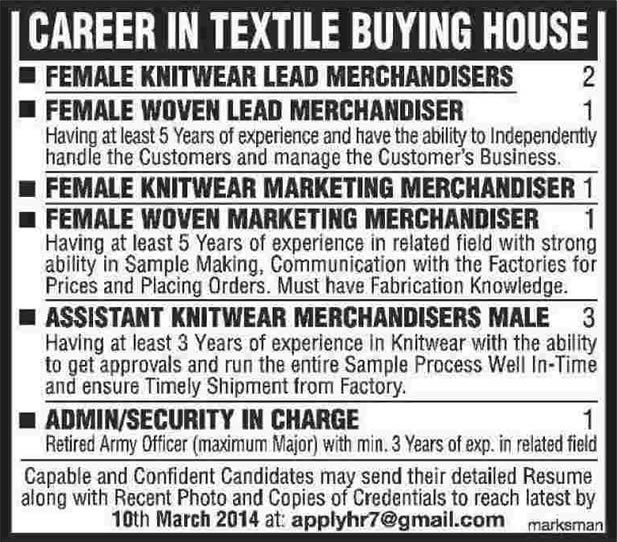 Textile Jobs in Lahroe 2014 March for Merchandisers, Marketing & Admin Staff