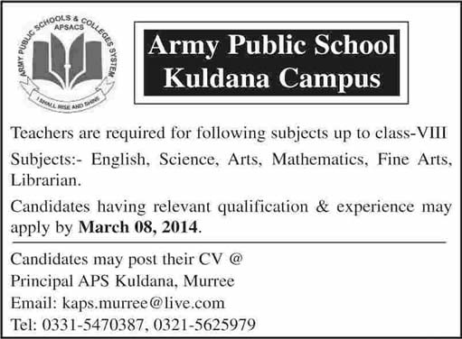 Librarian & Teaching Jobs in Murree 2014 March at Army Public School Kuldana Campus