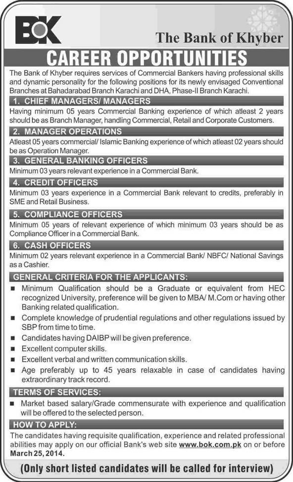 Bank of Khyber Jobs 2014 March Latest Advertisement