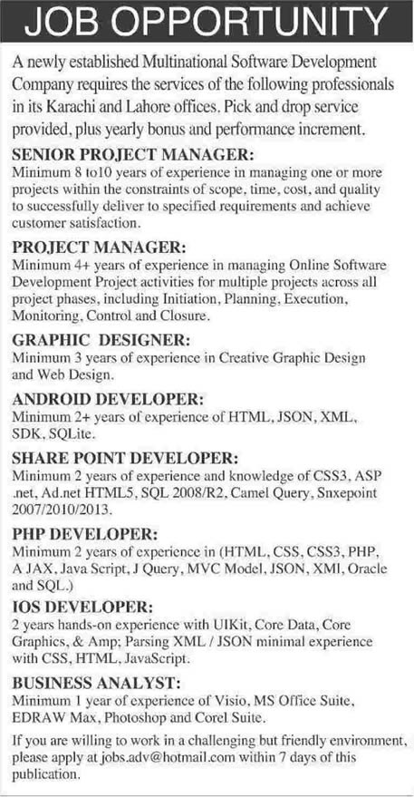 Software House Jobs in Lahore / Karachi 2014 March for Software Developers, Graphic Designer & Business Analyst