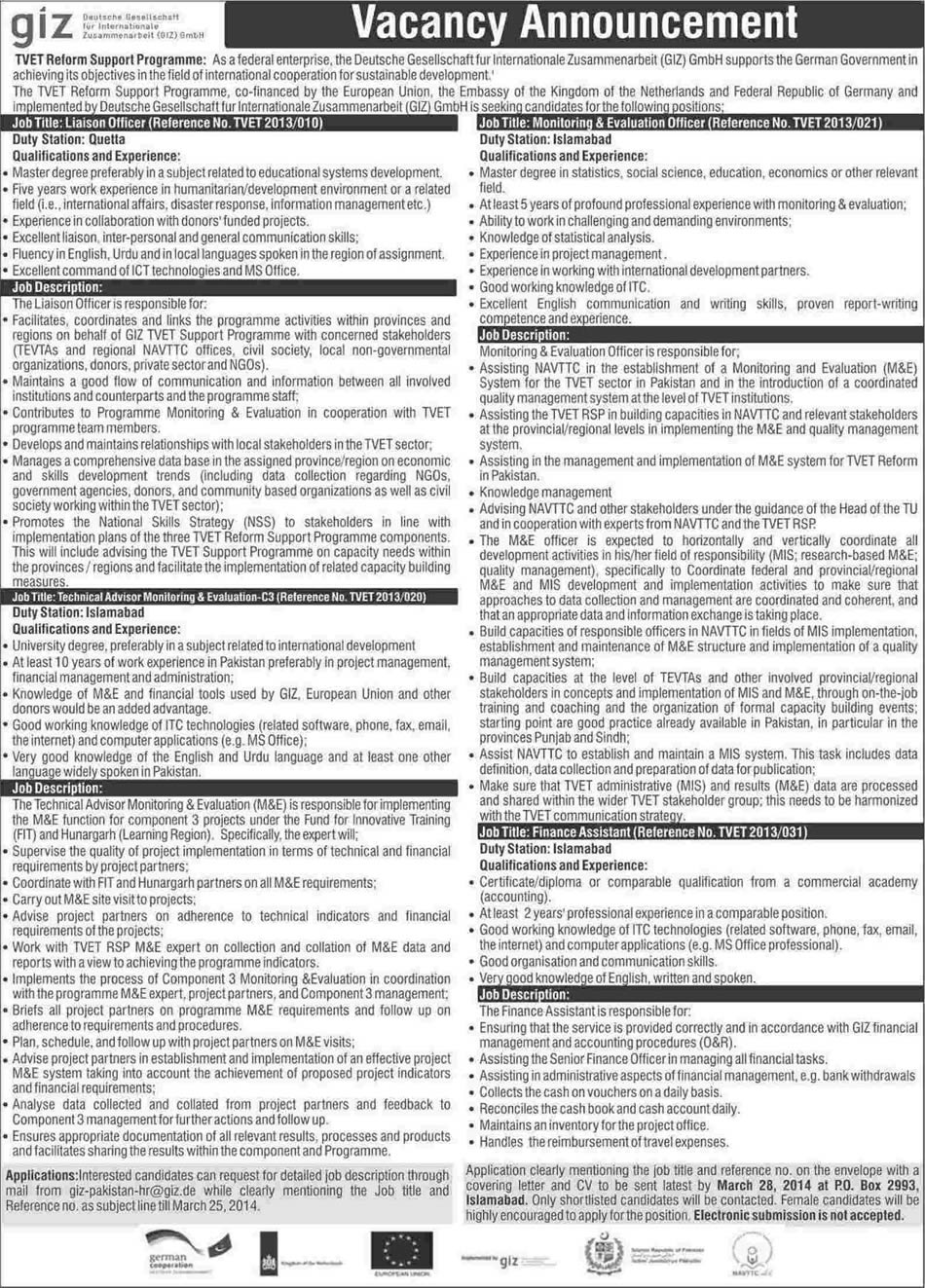 GIZ Pakistan Jobs March 2014 for Liaison / M&E Officer, Finance Assistant, Technical Advisor M&E