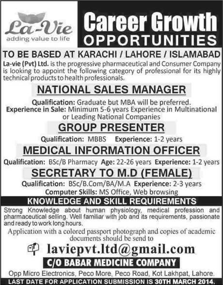 Pharmaceutical Jobs in Pakistan 2014 March at La-Vie Pvt. Ltd