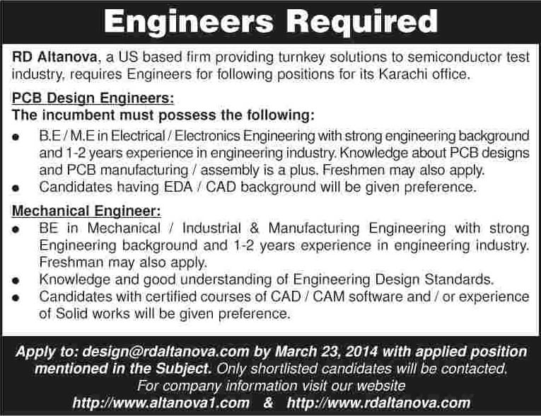 RD Altanova Karachi Jobs 2014 March for Mechanical & PCB Design Engineers