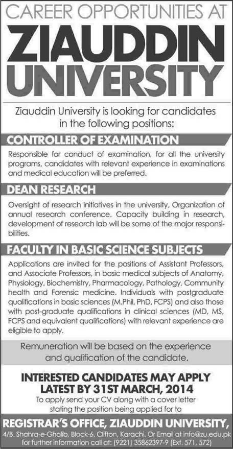 Ziauddin University Karachi Jobs 2014 March for Teaching Faculty & Administrative Staff