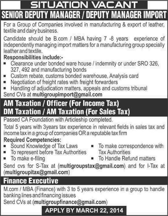 Import / Taxation Managers & Finance Executive Jobs in Karachi 2014 March in Leather, Textile & Dairy Industry
