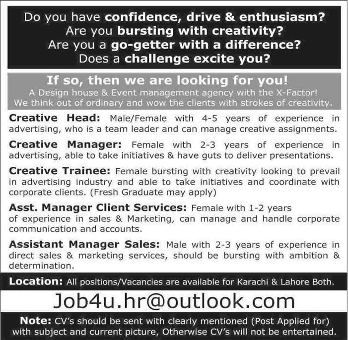 Creative Manager / Trainee & Sales / Client Service Managers Jobs in Karachi 2014 March for a Design House & Event Management Agency