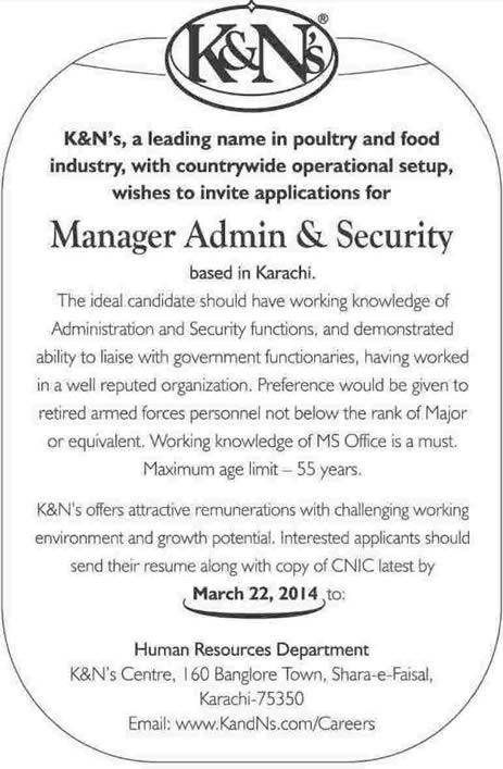 K&Ns Jobs in Karachi 2014 March for Manager Admin & Security