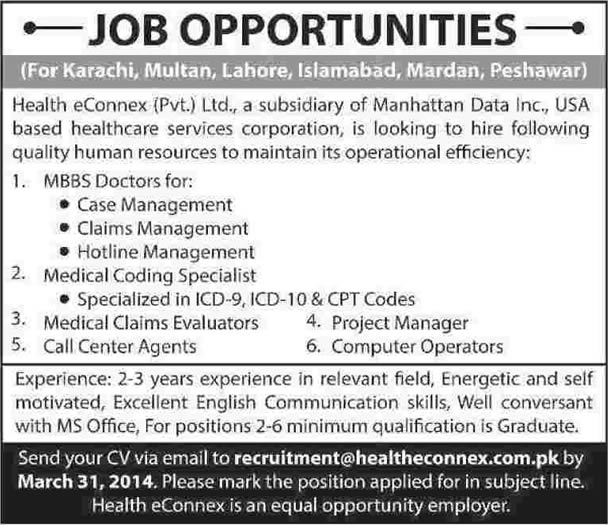 Health eConnex Pvt. Ltd Jobs 2014 March  for MBBS Doctors, Project Manager, Call Center Agents & Other Staff